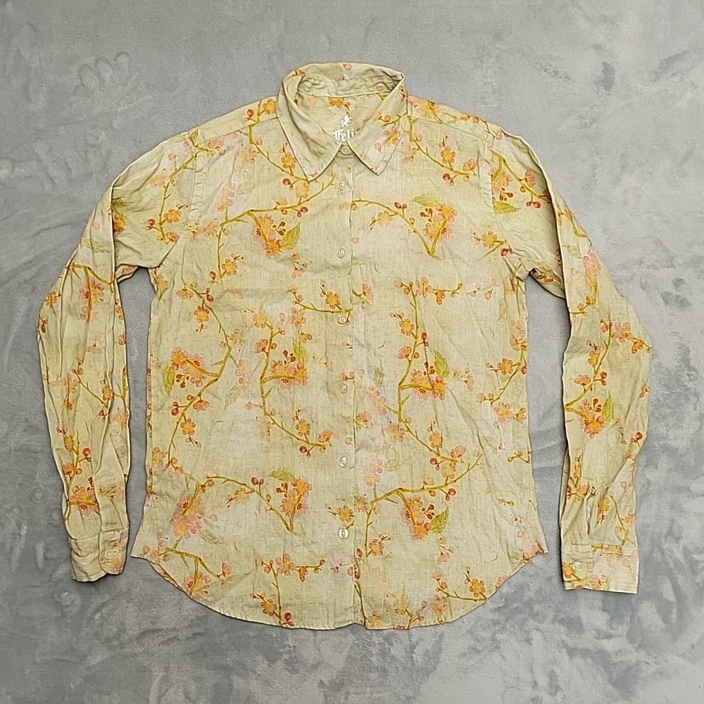 Felix Button Up Shirt Women Small Yellow Cherry Blossom Floral Linen Long Sleeve